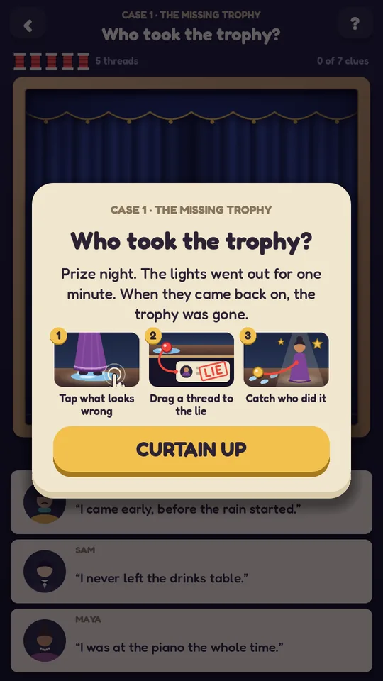 The first case opens: who took the trophy? Three small pictures show how to play