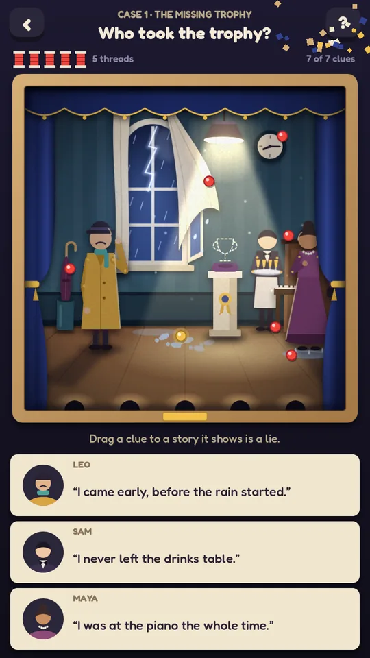 A paper stage in the rain, with red pins on the clues and three people's stories below