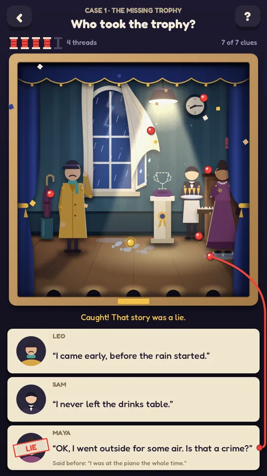 A red thread from a wet footprint to Maya's story, stamped LIE